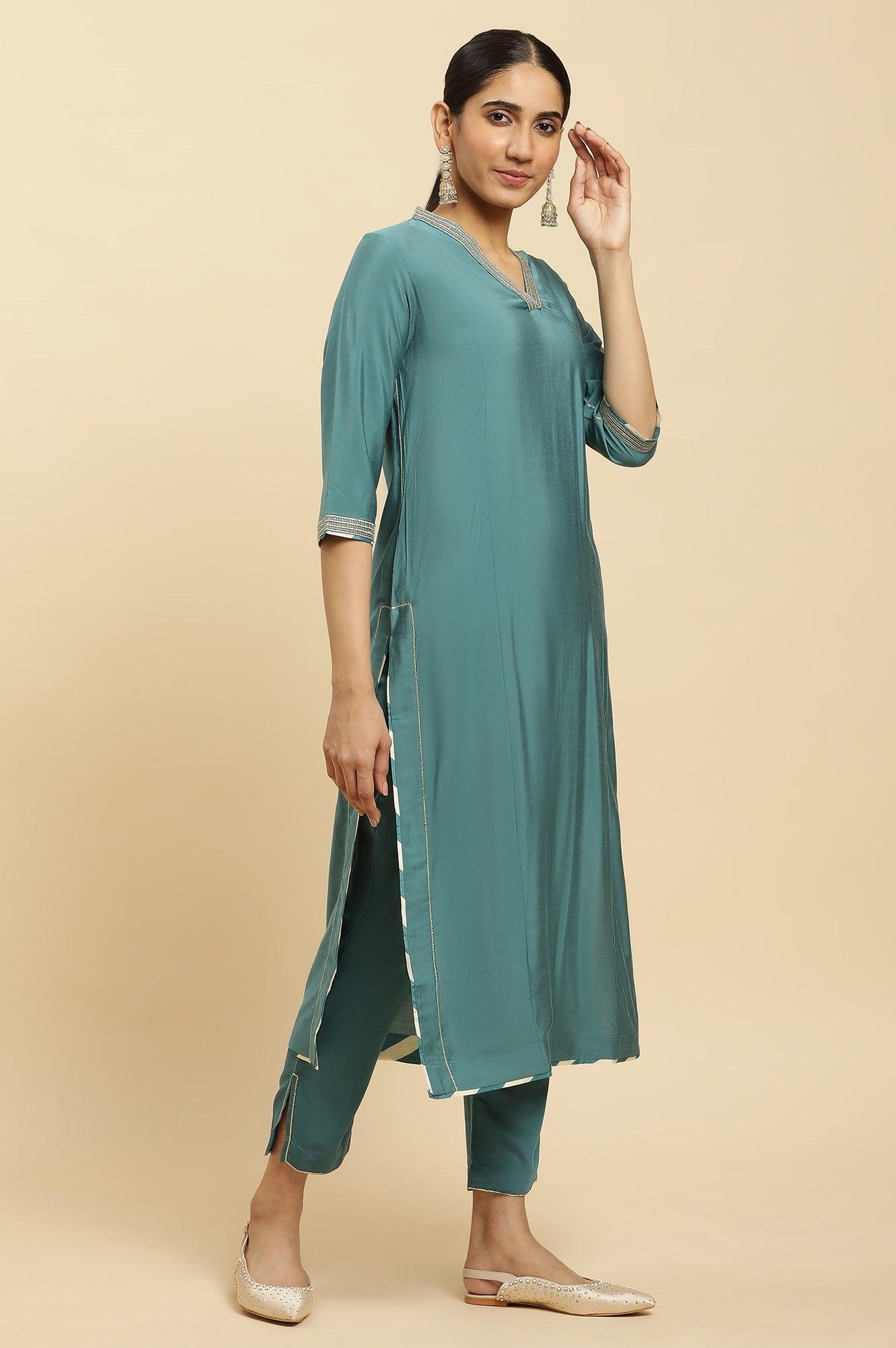 Blue Embellished Kurta, Pants And Jacquard Dupatta Set - Image 4
