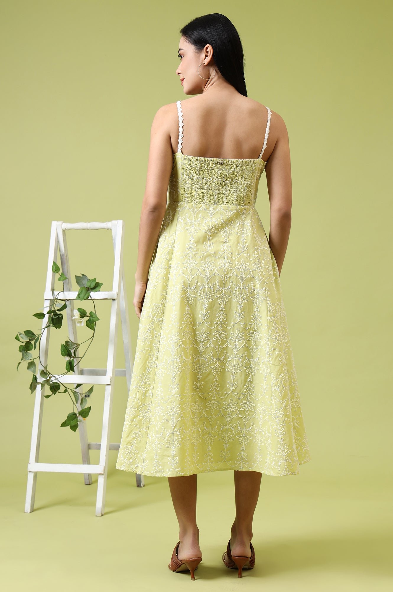 Lime Green Schiffli Embroidered Pure Cotton Flared Spaghetti Dress - Image 6
