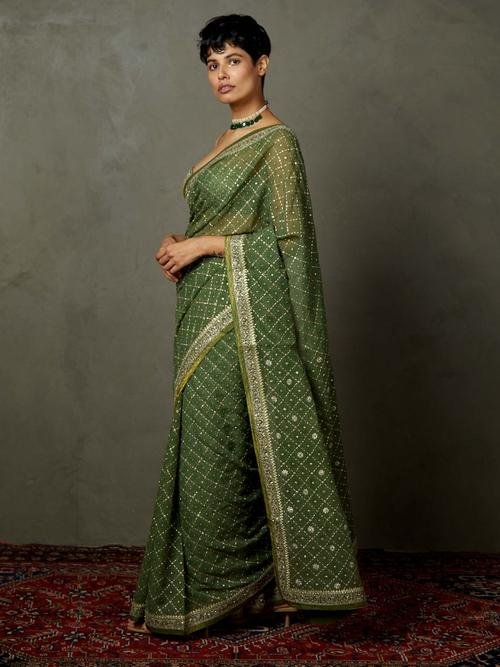 Khaki Rohira Saree With Unstitched Blouse - Image 2